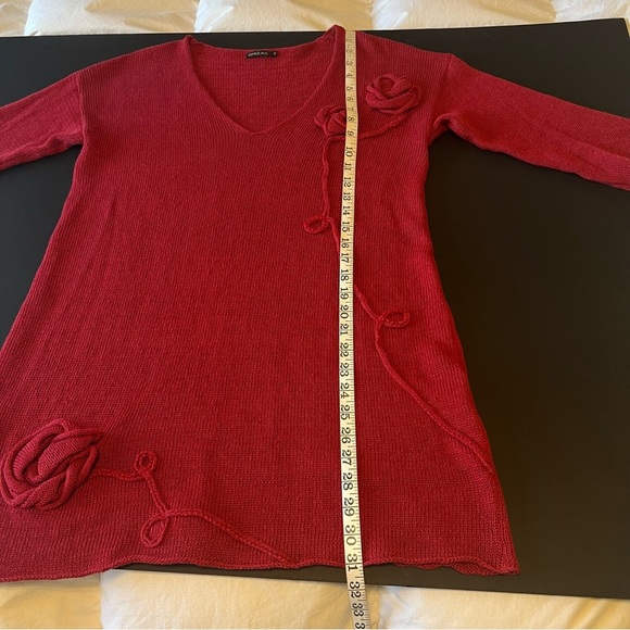 Grizas 100%Linen knit tunic sweater, loose knit, roses appliquee, 3/4 sleeves, M - Picture 8 of 12